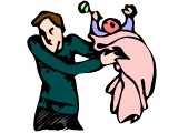 Father holding a screaming baby at arms length